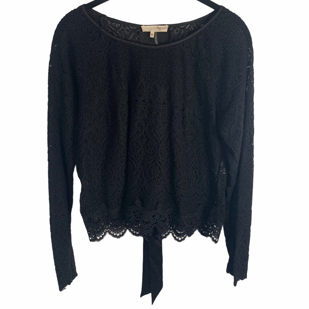 Ryu Women Black Lace Long Sleeve Scalloped Hem Bows Cropped Blouse Sz Medium